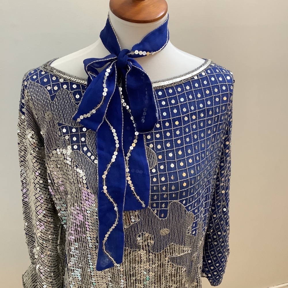 Judith Ann Creations Vintage 100% Pure Silk Sequin Blouse Disco Glam Rock Small